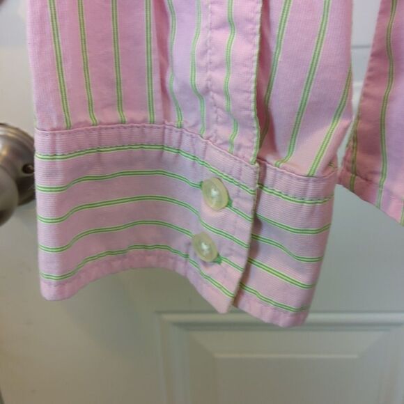 Old Navy perfect fit long sleeve pink and green stripe button front shirt. - Picture 8 of 15